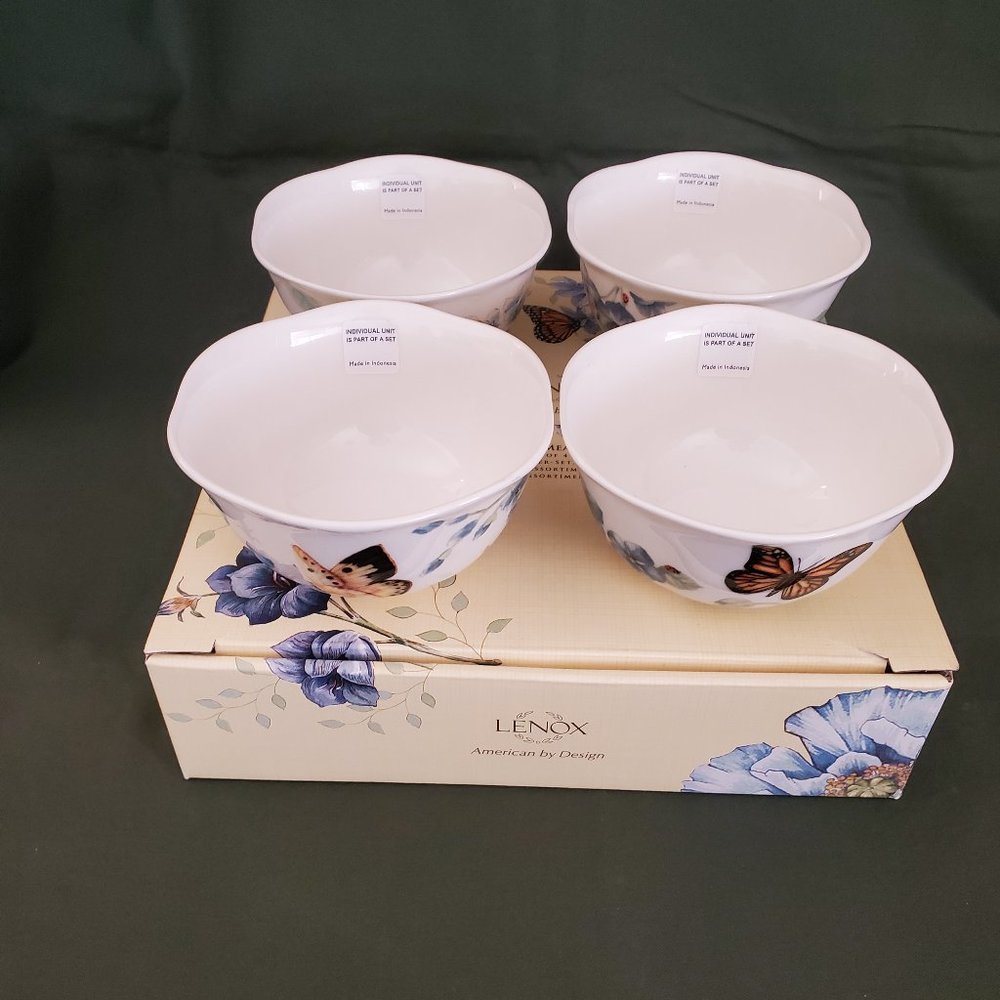 LENOX Butterfly Meadow Blue Bowls Soup Cereal Dessert Bowls 4.75" Set of 4 New